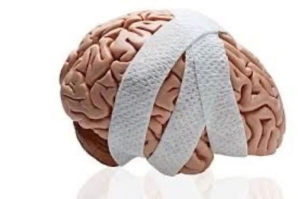 Representation of the human brain that is partially wrapped with a bandage