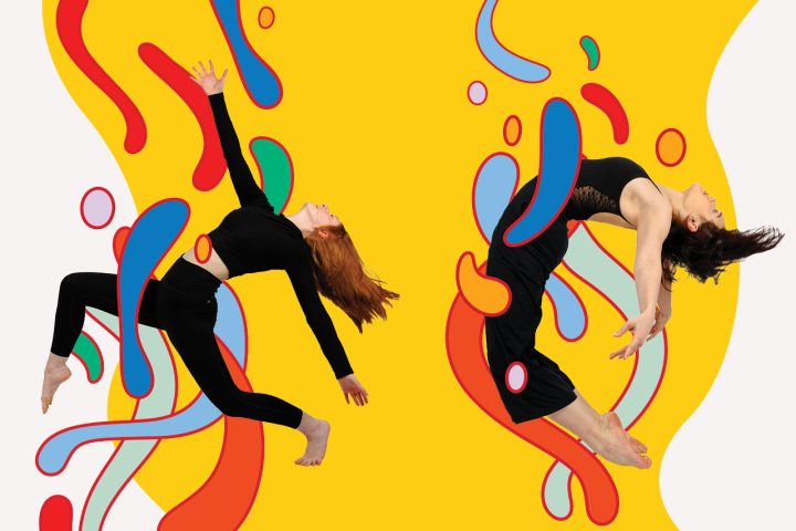 Two dancers, dressed in black, jumping in the air. There is a yellow background and several colorful shapes floating around them.