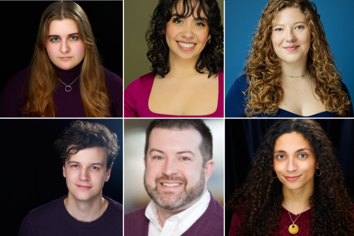 A collage of headshots of the students and faculty member featured in the article. On the first row, Dilan is a young woman with long, reddish brown hair, wearing a purple turtle neck and hoop necklace. Bebe has shoulder-length curly black hair and is wearing a dark pink blouse and gold earrings. Lorelei has golden brown curly hair and is wearing a royal blue top with a chain necklace. On the second row, Parker is a young man with short curly brown hair that is quaffed, wearing a dark blue sweater. Dr. Chrismon is a middle-aged gentleman with short hair, wearing a white dress shirt and purple sweater vest. Markos is a young man with long curly dark brown hair, wearing a red sweater and a necklace with a gold medallion.