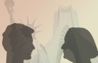 Illustration depicting the shadowed profile of two people in front of the Statue of Liberty
