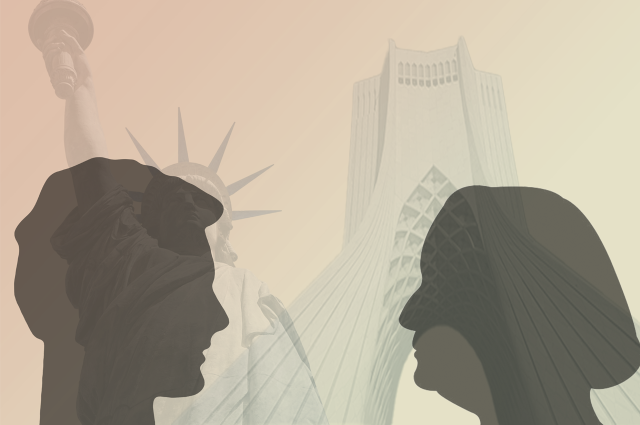 Illustration depicting the shadowed profile of two people in front of the Statue of Liberty