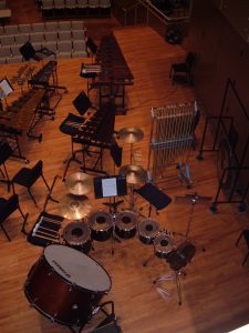 Image of percussion instruments set up at Illinois State University's Center for Performing Arts. 
