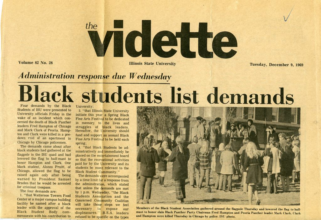 "Black students list demands" read the headline on the cover of The Vidette on December 9, 1969.