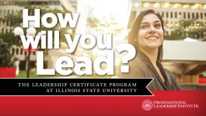 Female student with text saying How Will You Lead?