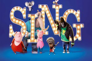 The word SING is in theater lights with cartoon animals surrounding it.