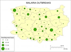 map of area with a malaria outbreak, with different size circles designating how intense the outbreak