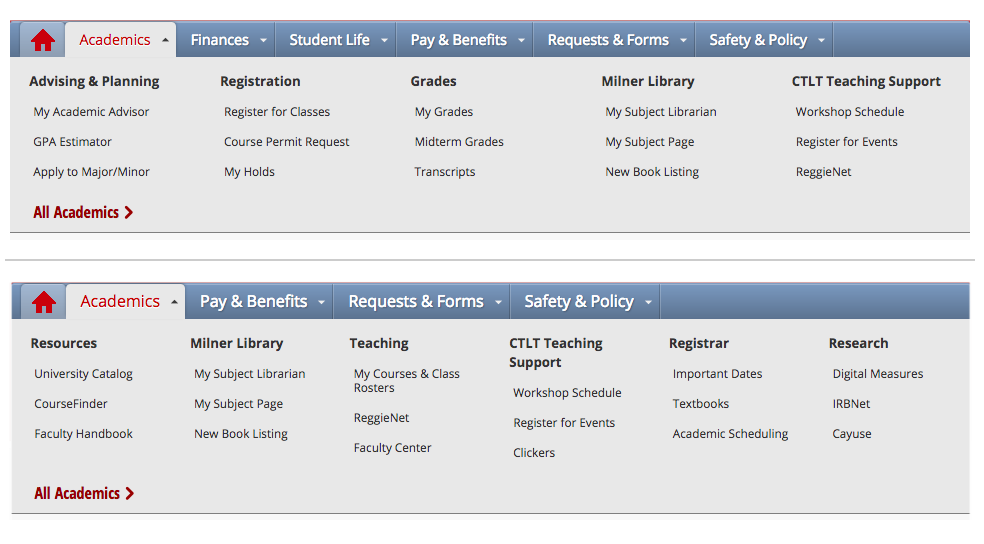 Examples of dropdown menus in My.IllinoisState for students and staff