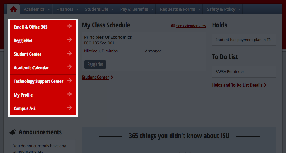 Highlight of the new quick link menu option in My.IllinoisState