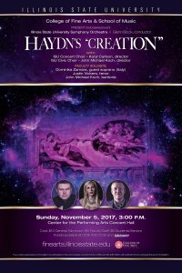 Concert poster showing image of the Creation including headshots of the three featured soloists. 