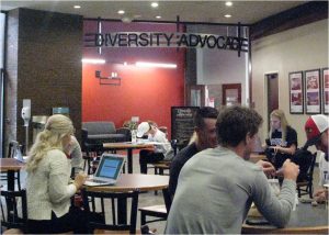 people working in the Bone Student Center in front of the Diversity Advocacy. 