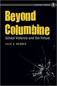 cover of the book Beyond Columbine, with lettering over a background of glass shattered by a bullethole. 