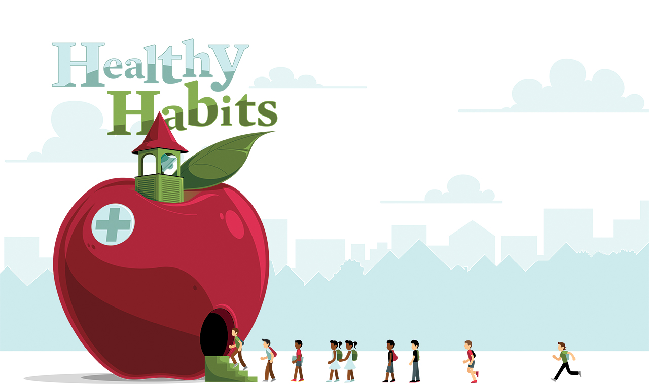Health Habits illustration with students walking into a school shaped like an apple