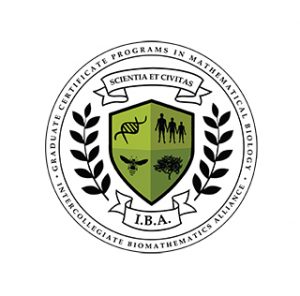 Seal with DNA double helix, people, tree, and bees on it, surrounded by two branches with 10 leaves to represent the 10 IBA institutions. Words surrounding the seal say Intercollegiate Biomathematics Alliance, Scientia et Civitas, and Graduate Certificate Programs in Mathematical Biology