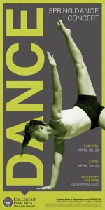 Poster for 2018 Spring Dance Concert showing dancer in an inversion pose.
