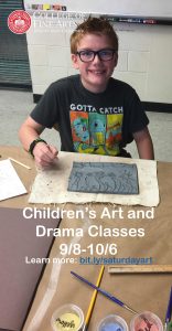 Image of student using clay, ad for Saturday Morning Creative Art and Drama Classes showing dates and link to registration. 