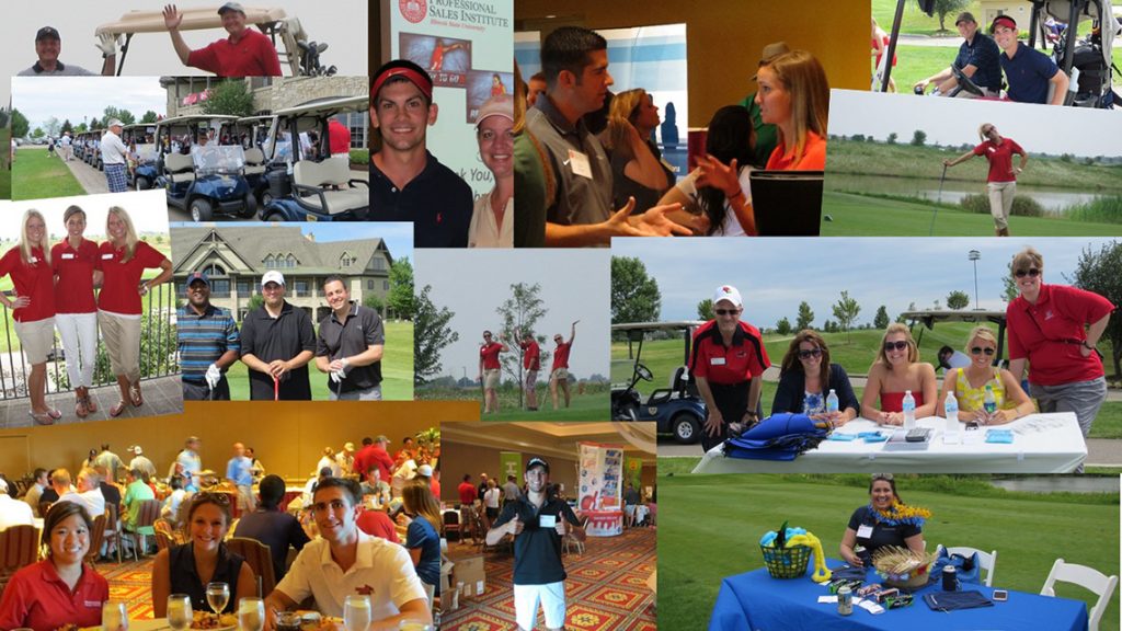 Images of golfers, diners, and those taking part in networking.