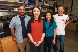Assistant Professor of Molecular Neuroethology, Andres Vidal-Gadea, master’s students Casey Gährs ’17 and Abbi Benson ’15, and Professor Wolfgang Stein are hoping the mutant crayfish can help them and other scientists solve mysteries in neuroscience. 