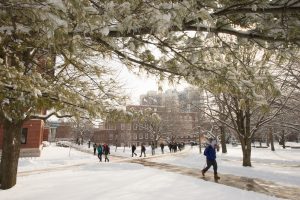 The Illinois State quad covered in winter snow. The time of year you visit campus can have a big impact on the impression a college makes on you.