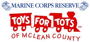 Cartoon trains with the words Marine Corps Reserve Toys for Tots of McLean County