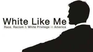 Silhouette of a man in a chair with the words White Like Me: Race, Racism & White Privilege in America