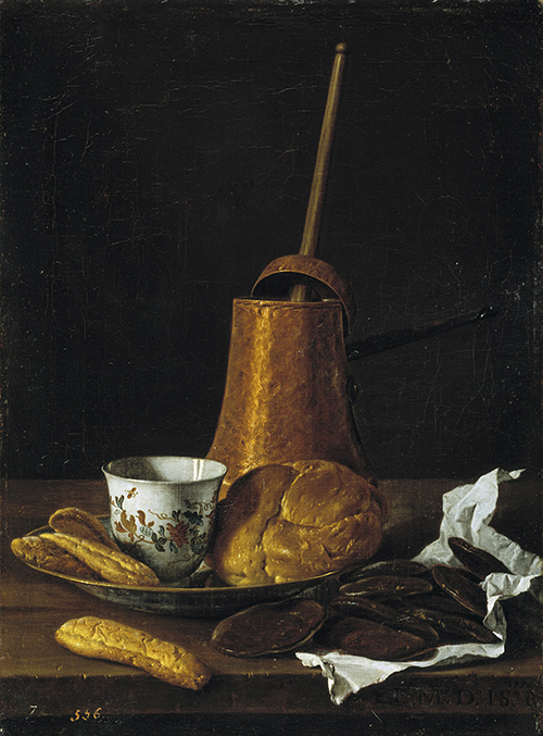 bread and hot chocolate in a painting 