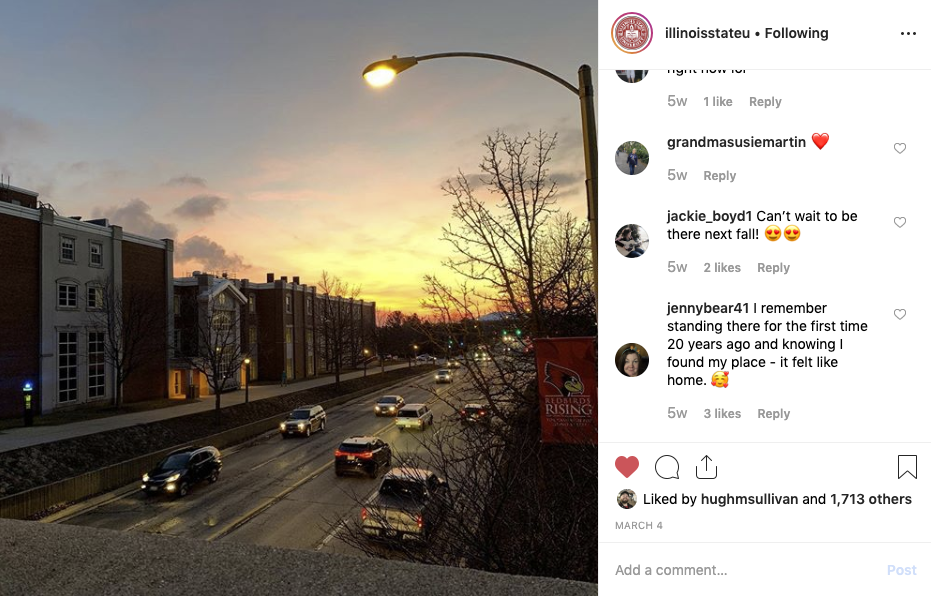 Screenshot of Instagram post showing the campus at dusk.