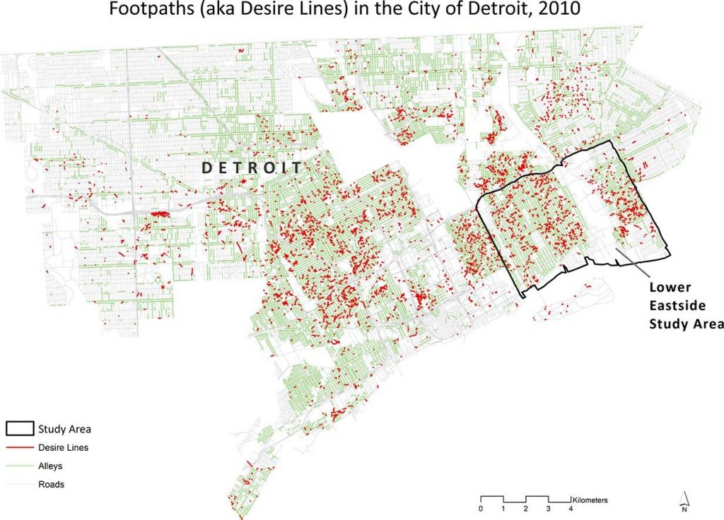 map of urban Detroit with red dots indicating footpaths. The Lower Eastside is highlighted.