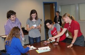 Students attending the Cross-institutional Undergraduate Research Experience took part in activities and workshops: Associate Professor Megan Powell (left), Marshall Johnson, Catherine Roberts, Illinois State Damian DeDivitis, Anna Singley. (Photo by Rodger Singley)