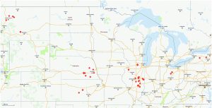 This map shows where the Data-Intensive Farm Management Project collected yield data from U.S. fields in 2018: Illinois, Ohio, Kansas, New York, Nebraska, Montana, and Louisiana not shown.