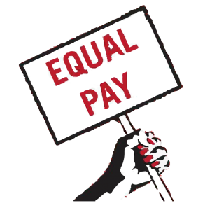 Graphics of a hand holding a sign that says equal pay 
