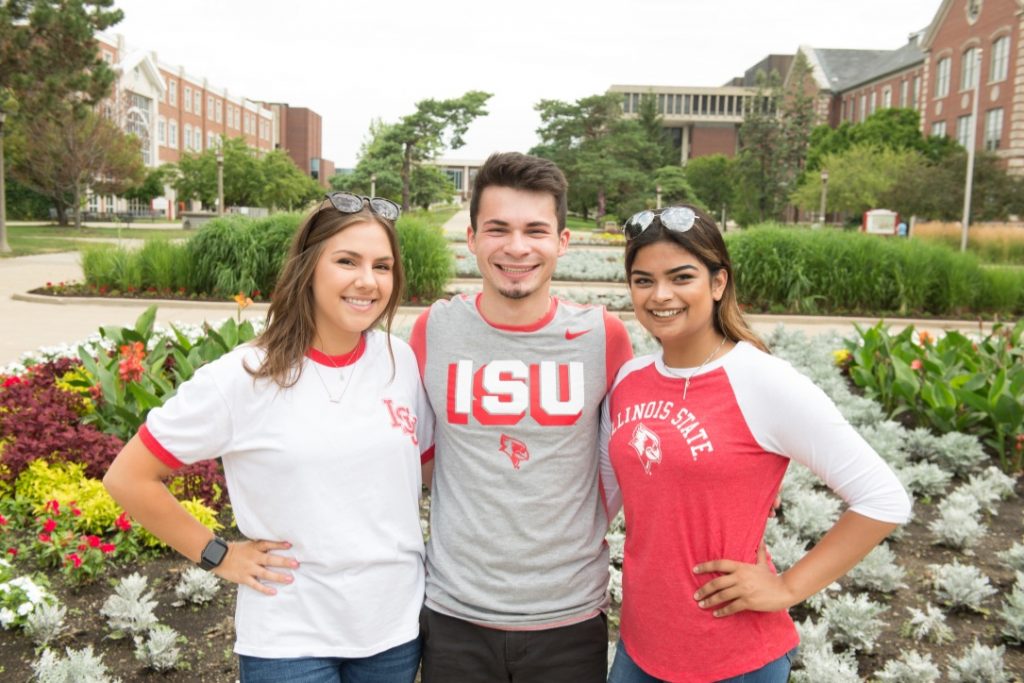 Three Students wearing Illinois State University apparel 