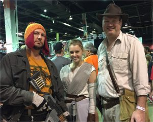 three people dressed as characters from movie and TVfrom