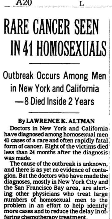 clipping from the New York Timeswith title "Rare cancer seen in 41 homosexuals"