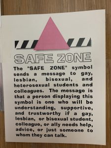 A poster that reads: “Safe Zone. The Safe Zone symbol sends a message to gay, lesbian, bisexual, and heterosexual students and colleagues. The message is that a person displaying this symbol is one who will be understanding, supportive, and trustworthy if a gay, lesbian, or bisexual student, colleague, or ally needs help, advice, or just someone to whom they can talk.