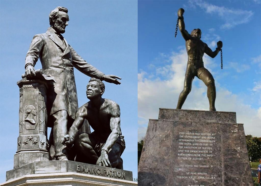 two statues on emancipation: One form the United States with a former enslaved man kneeling at Abraham Lincoln's feet, and one from Barbados with a former slave rising and breaking his chains.