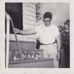 A picture of Bob Maske taken at 313 North Street in Normal. He found morrel mushrooms under the steps.