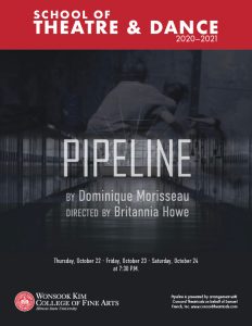 Playbill cover for PIPELINE. Image of school hallway with lockers and two boys fighting superimposed. Image includes author, director, dates of performances and performance rights.